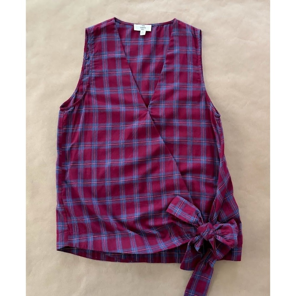 Entro Womens Burgundy Blue Plaid Sleeveless Faux Wrap Side Tie Blouse Small Boho
